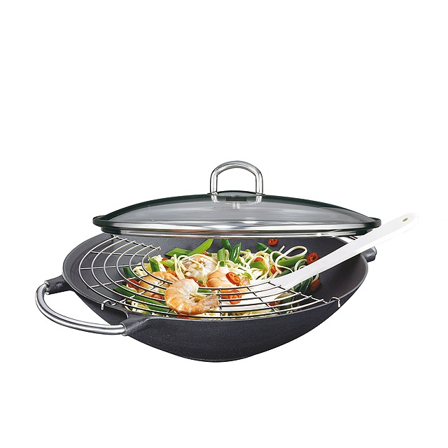 Litinová wok pánev se skleněnou poklicí 36 cm PREMIUM - Küchenprofi